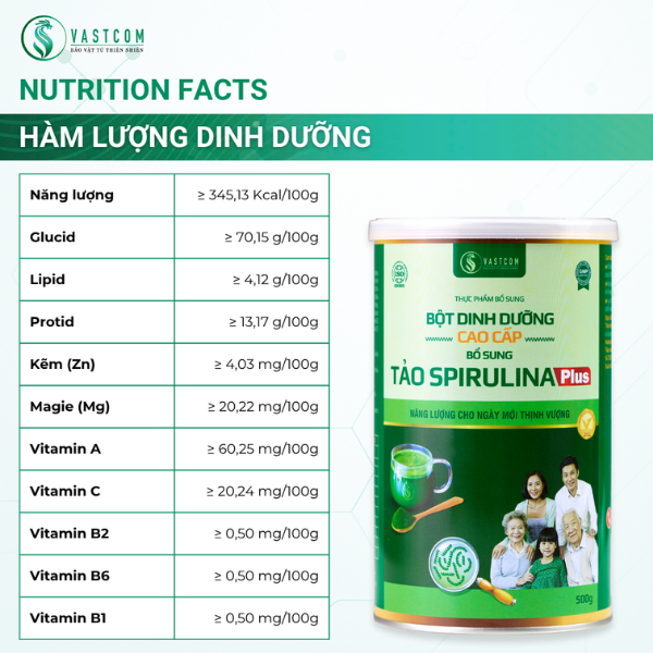 Bột dinh dưỡng cao cấp bổ sung Tảo Spirulina – Hộp 500g - VASTCOM